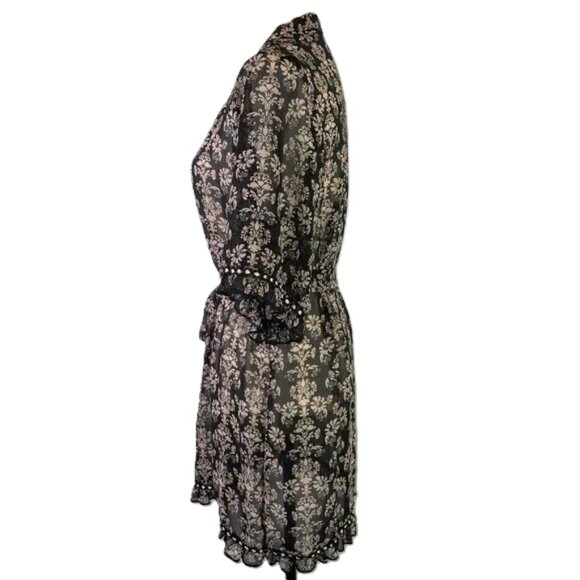 Forever 21 Robe Baroque Pattern Black Tan Ribbon Ruffle Hem Elbow Sleeves Size S - Picture 2 of 10